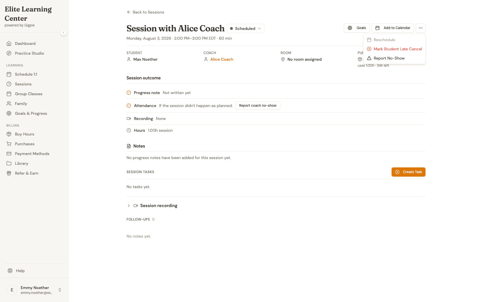Session actions menu open, showing Reschedule, Mark Student Late Cancel, and Report No-Show