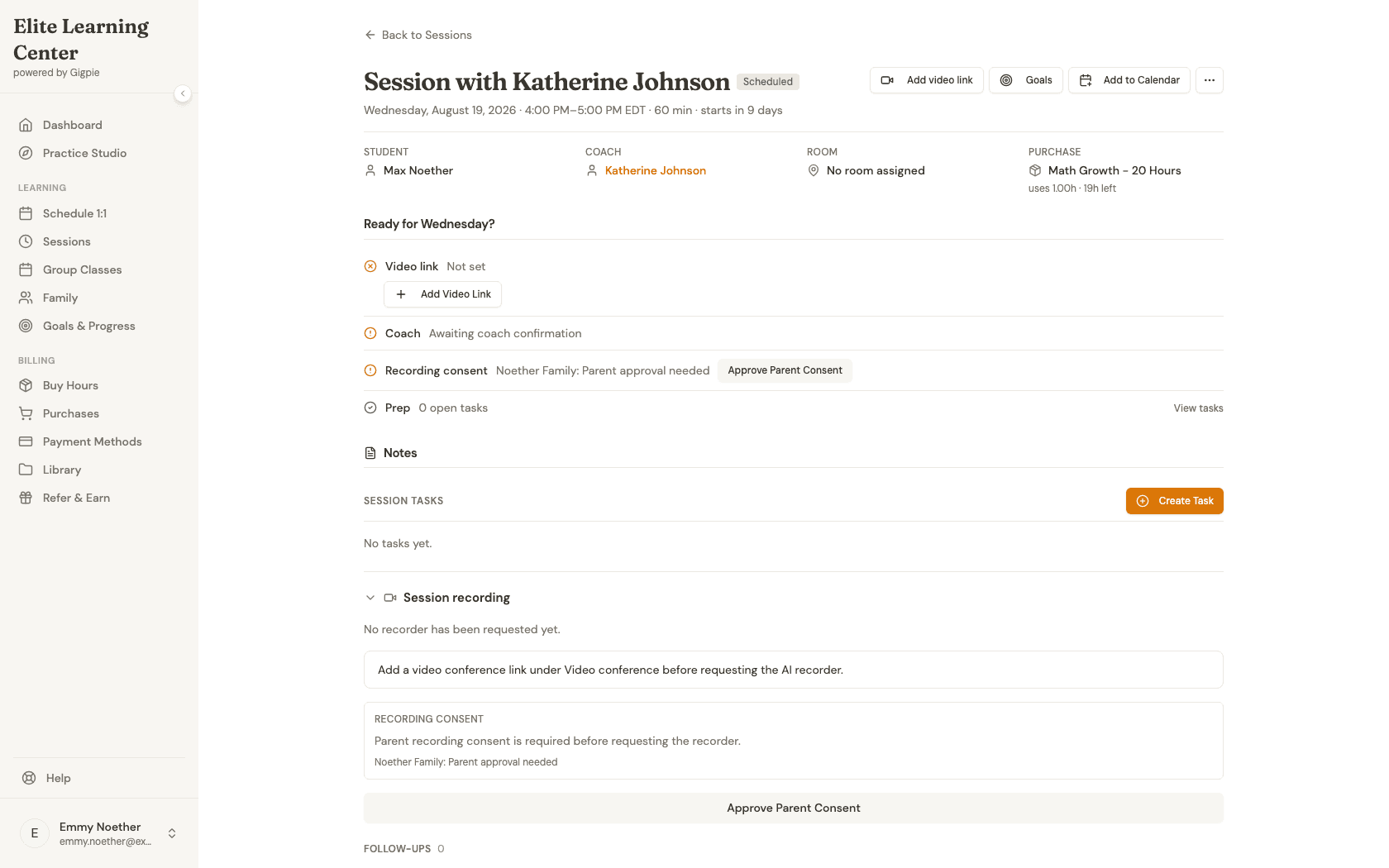 Session detail page showing student, coach, and purchase information