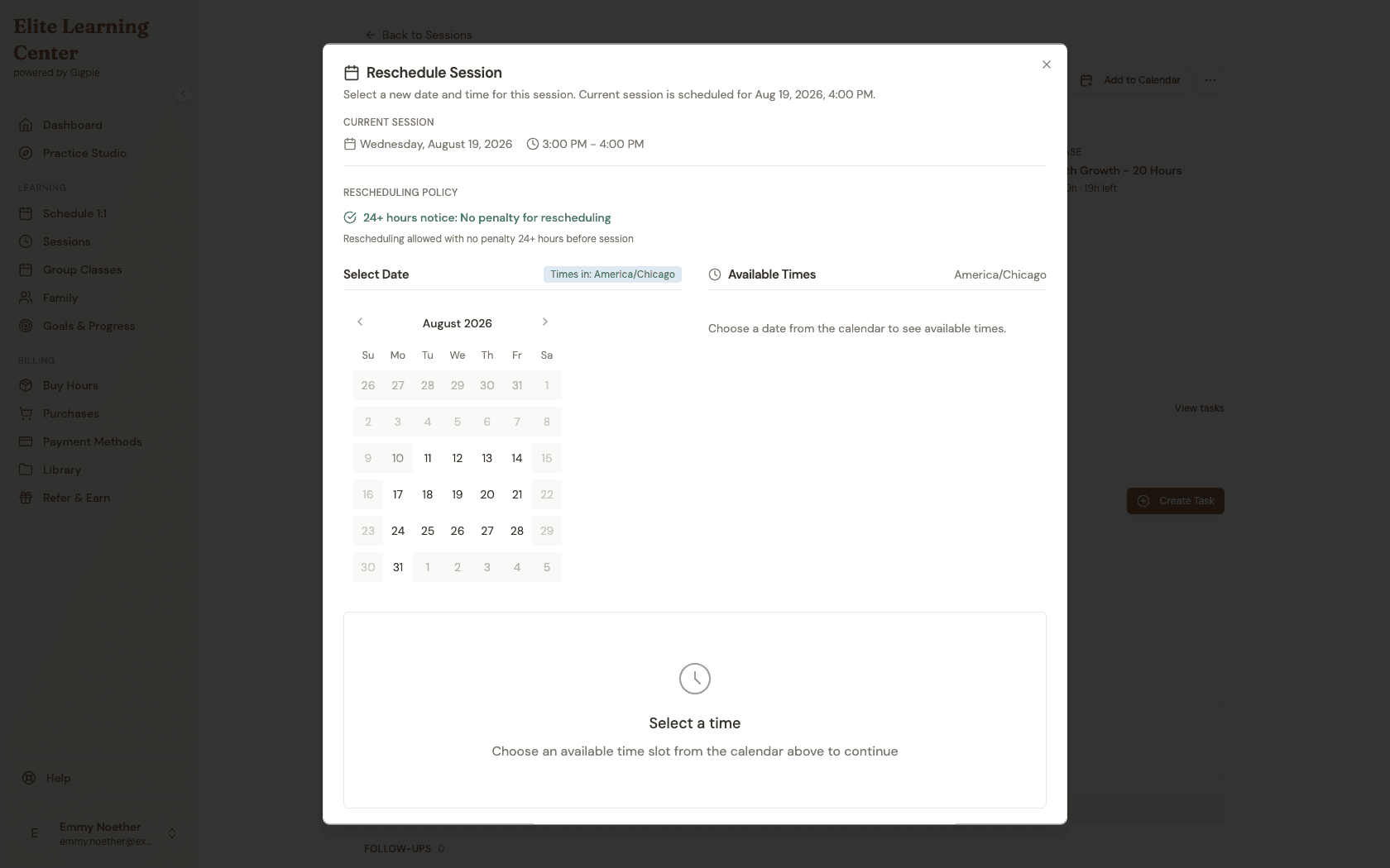 Reschedule Session dialog with a calendar to select a new date