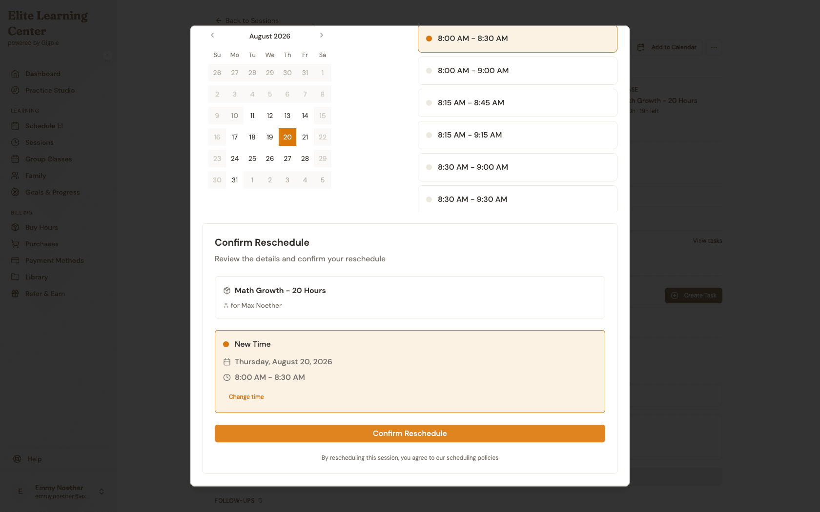 Confirm Reschedule panel with the new time and Confirm Reschedule button