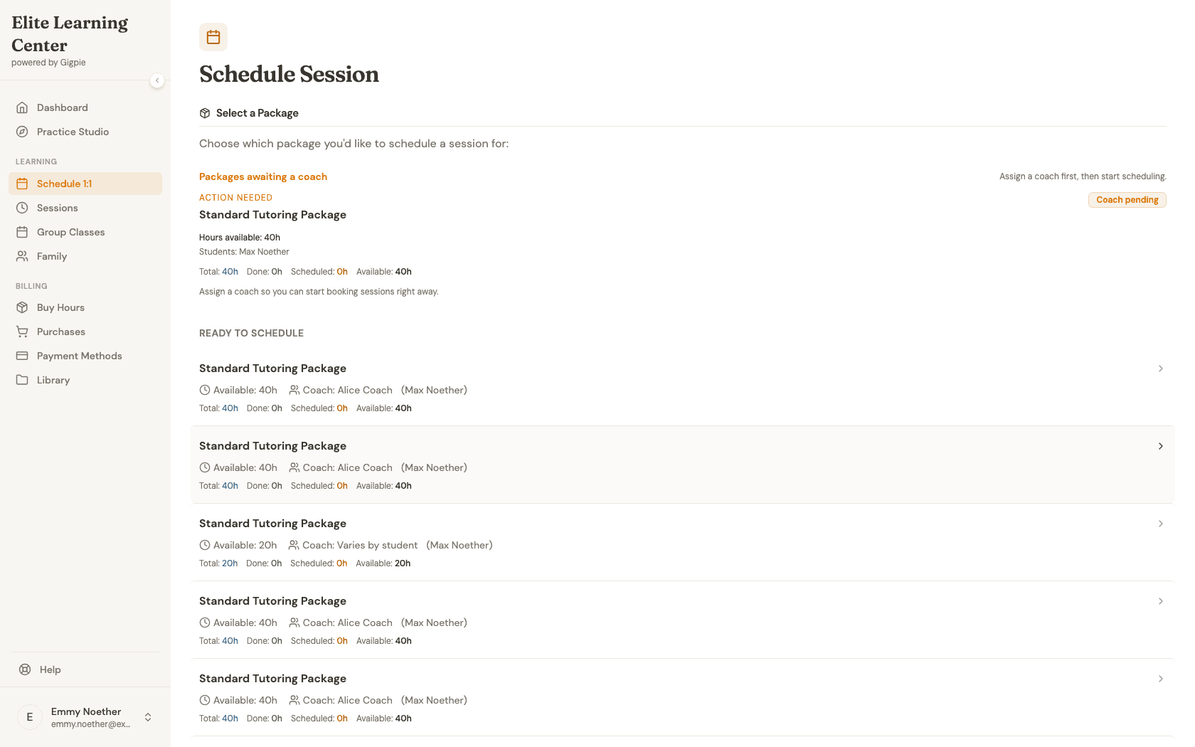 Schedule Session page listing packages ready to schedule