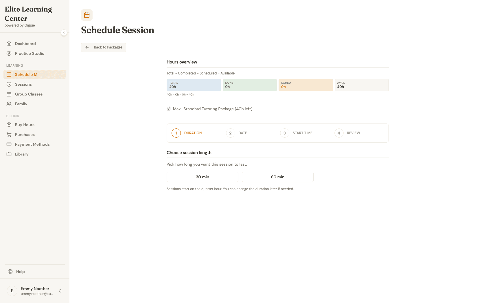 Choose session length step after selecting a package