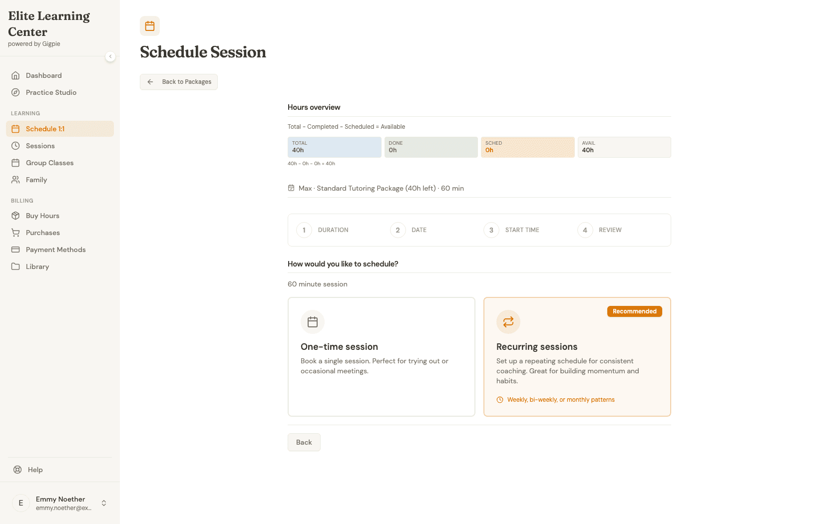 How would you like to schedule step showing one-time and recurring options