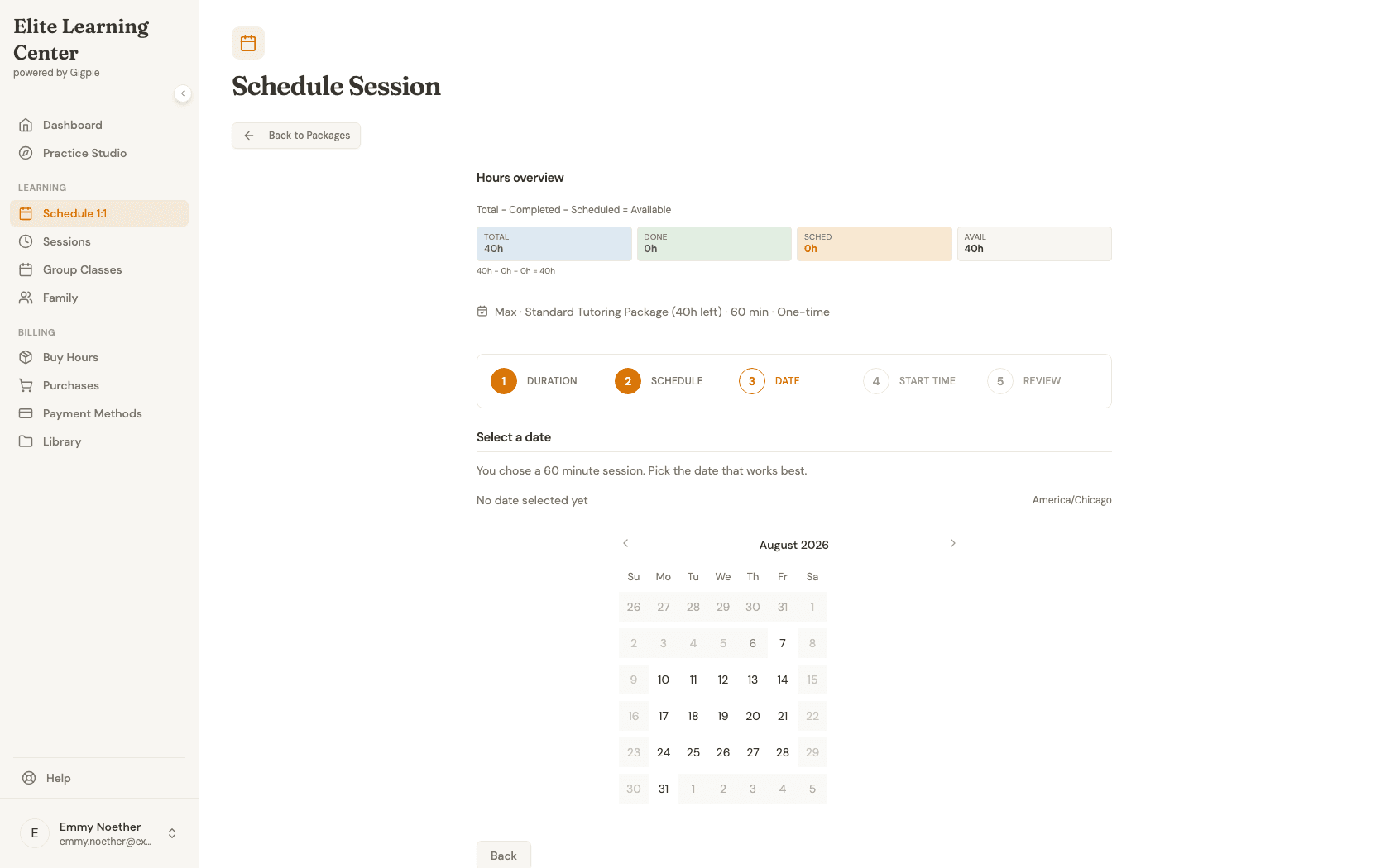 Select a date calendar after choosing a one-time appointment