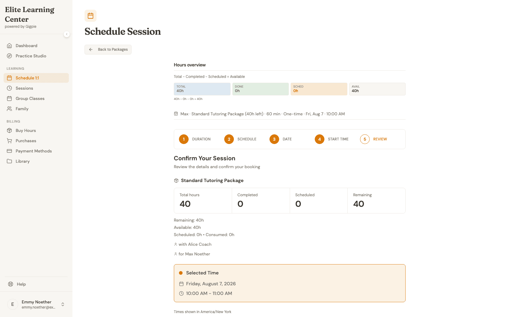 Confirm Your Session review step after picking a start time