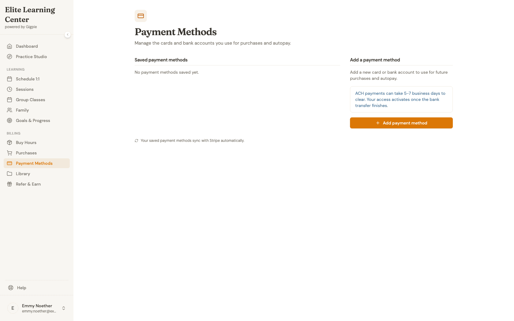 Payment Methods page with no saved payment methods yet, an Add payment method button, and a note that ACH payments can take 5-7 business days to clear