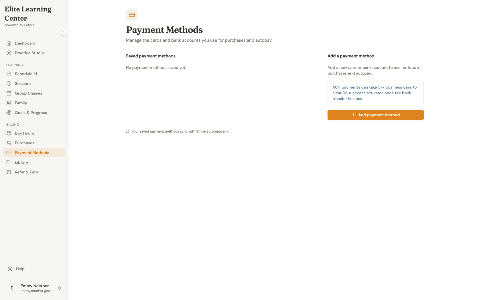 Add payment method button on the Payment Methods page