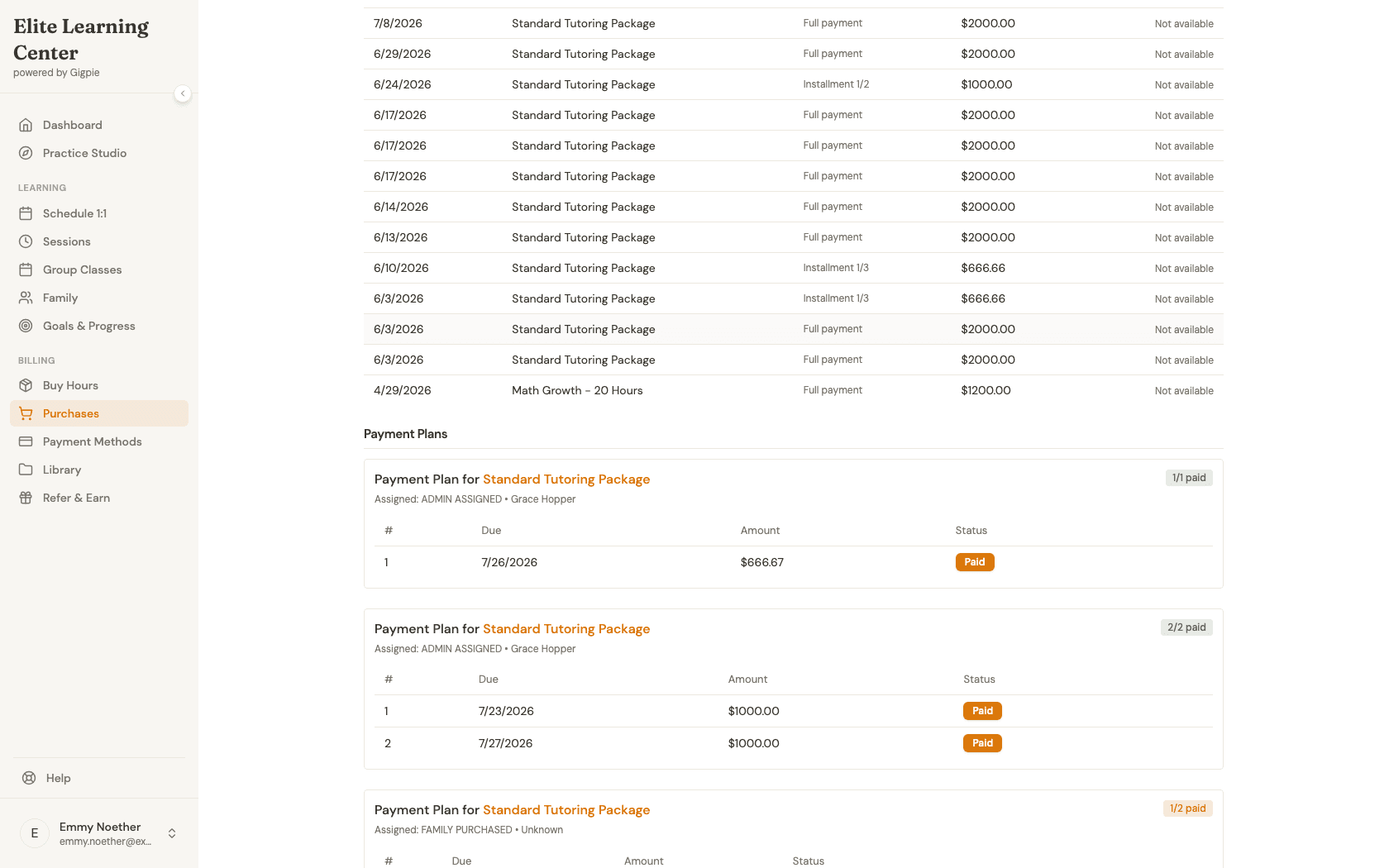 Purchases & Payment Plans page scrolled to the Payment Plans section, showing installment schedules with Paid status badges, with the Receipts list visible above