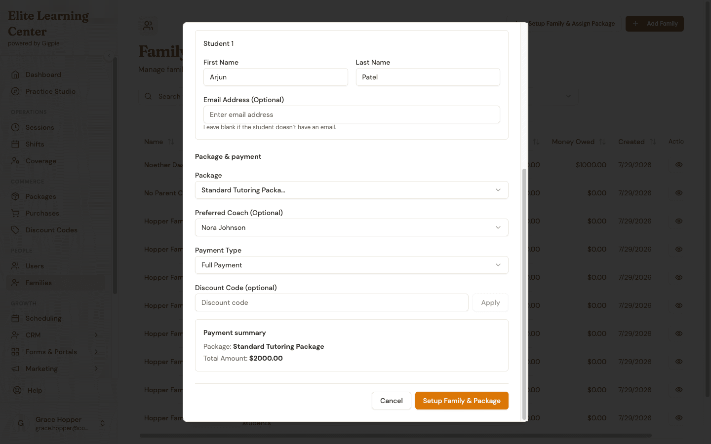 Family and package setup modal with parent, student, package, and coach selected