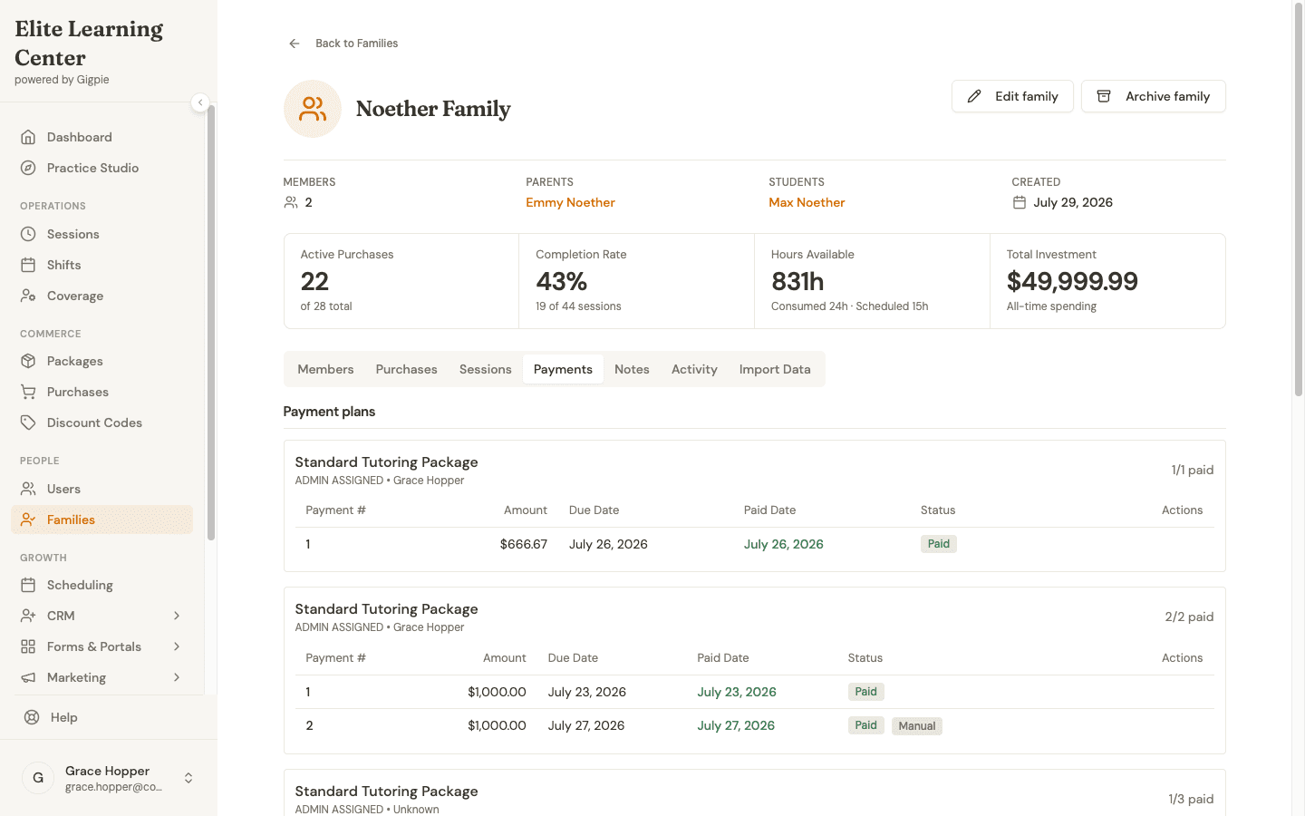 Family Payments tab in Gigpie listing multiple payment plans with per-installment paid and due dates