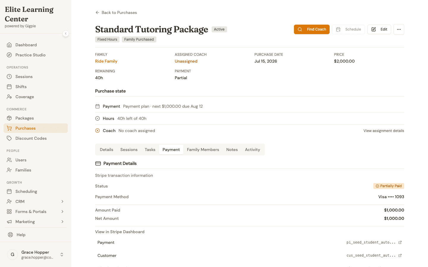 Purchase detail in Gigpie showing paid-in-full status with a Stripe fee breakdown and net amount