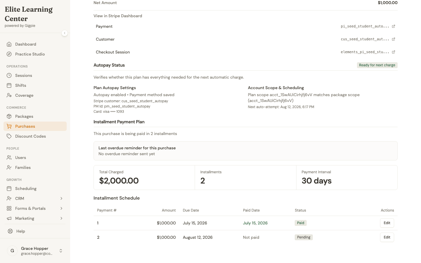 Gigpie installment payment plan showing two $1,000 installments, one paid and one scheduled with autopay ready