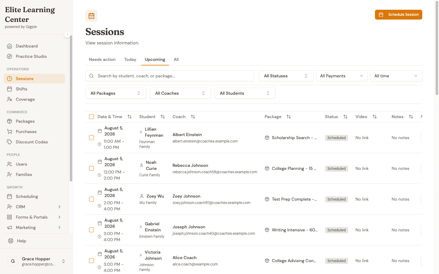 Gigpie sessions list filtered to upcoming, showing student, coach, package, and status columns