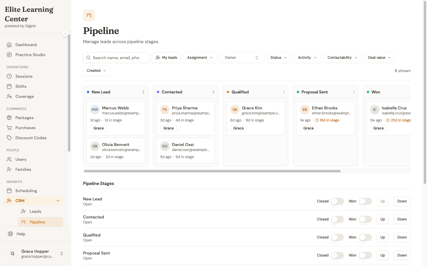 The CRM pipeline board with lead cards spread across New Lead, Contacted, Qualified, Proposal Sent, and Won stages