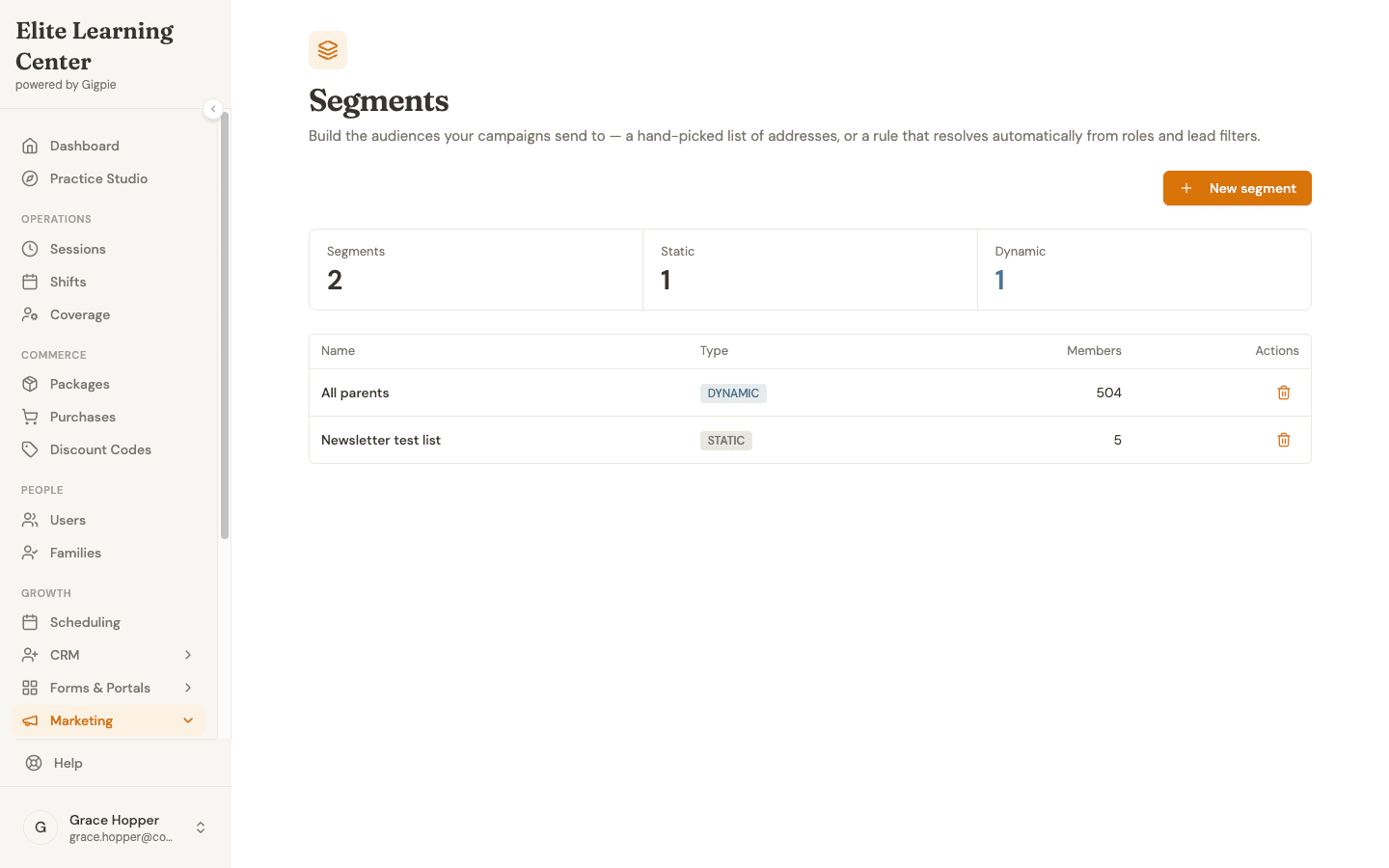 The segments list showing a dynamic segment and a static segment with member counts
