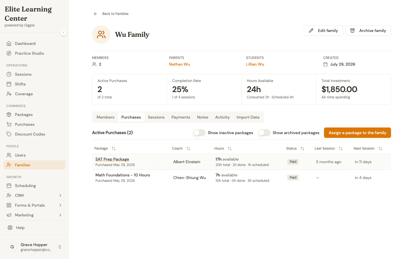 The Wu family's package detail in Gigpie, 24 hours across 2 packages, one number regardless of how many students are enrolled that month
