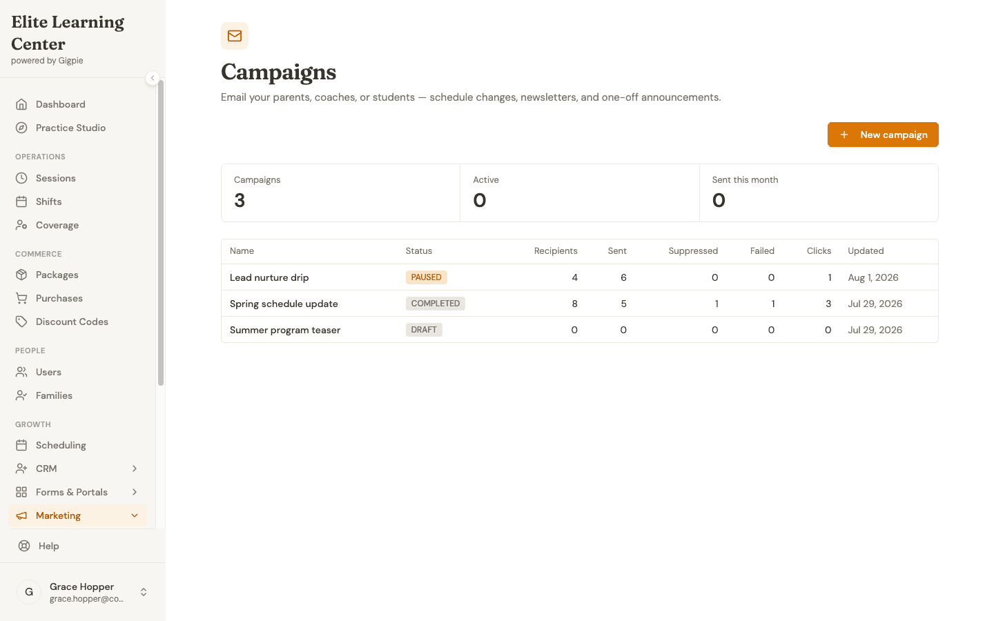 The campaigns list showing a paused journey, a completed broadcast, and a draft with send metrics