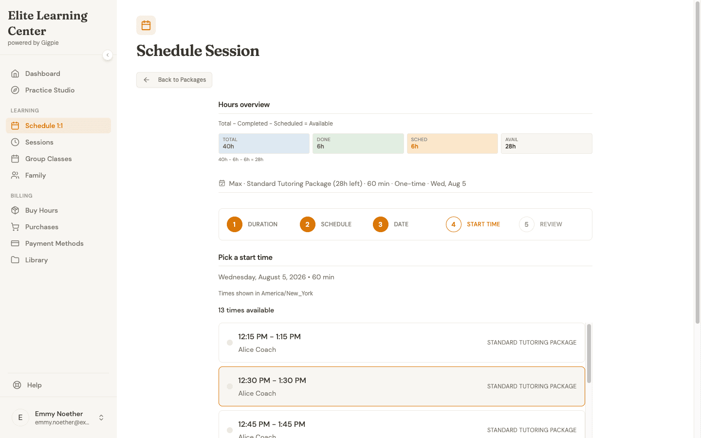 Step 4 of Gigpie's five-step parent booking flow, showing a remaining-hours strip and 13 available start times