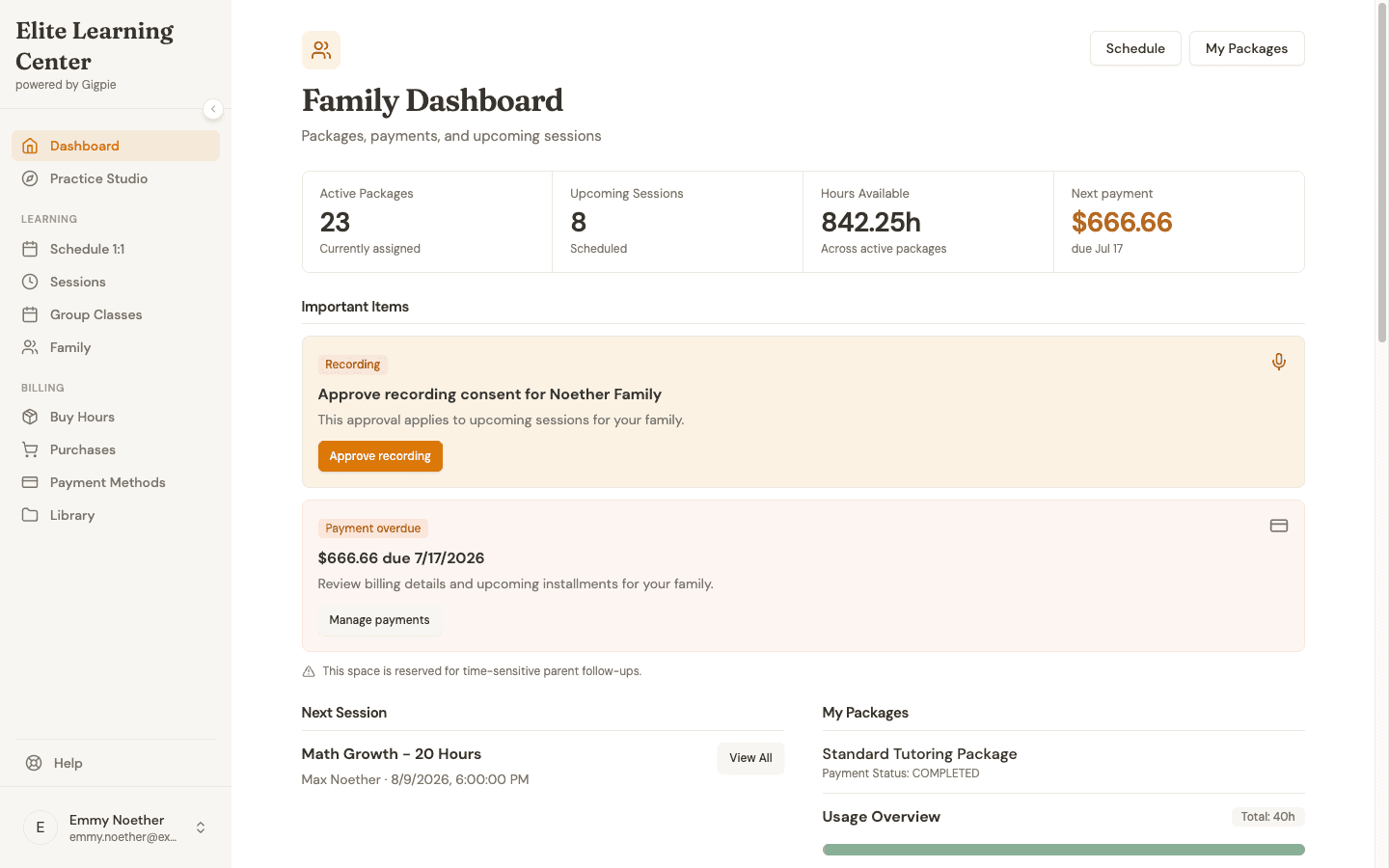 Parent family dashboard showing active packages, available hours, next payment, and next session