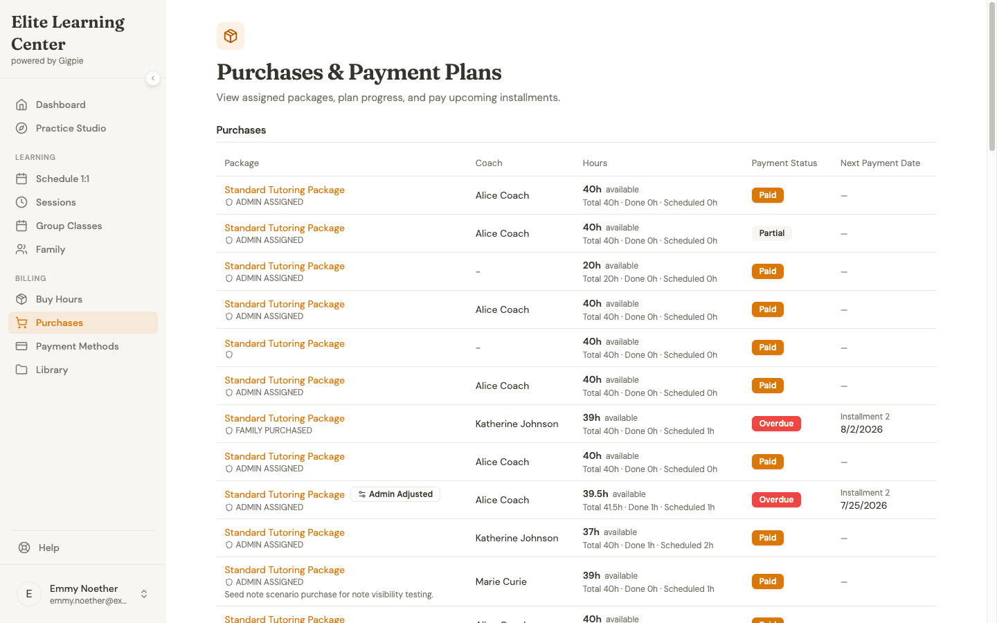 Parent view of family purchases with hours available and payment status per package