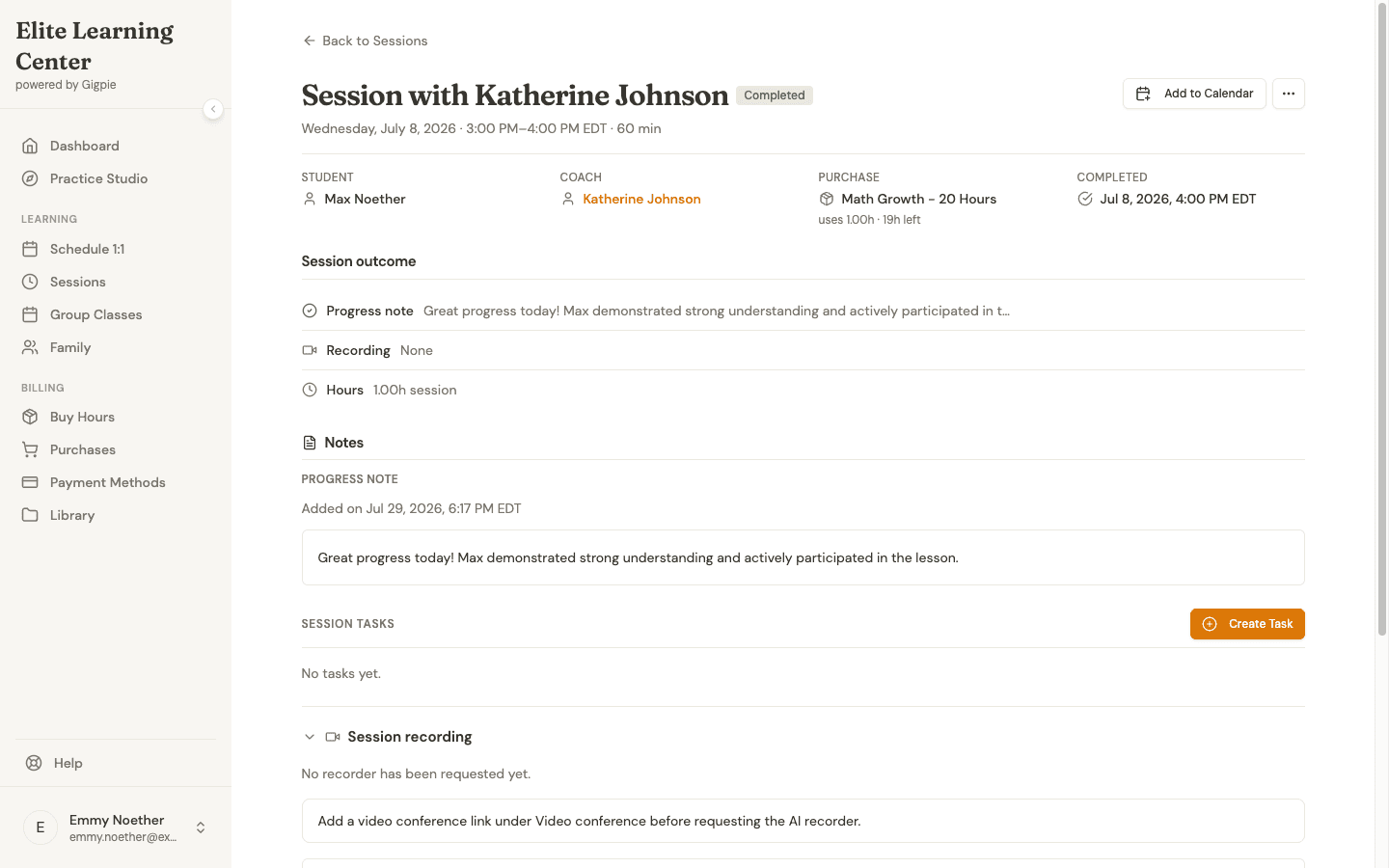 Parent-facing session detail showing the coach's full progress note