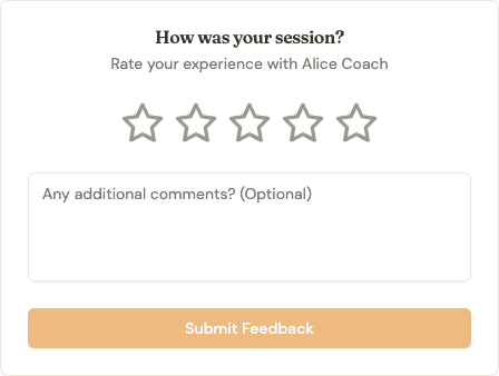 Parent-facing post-session feedback form asking "How was your session?" with a five-star selector, an optional comment box, and a Submit Feedback button