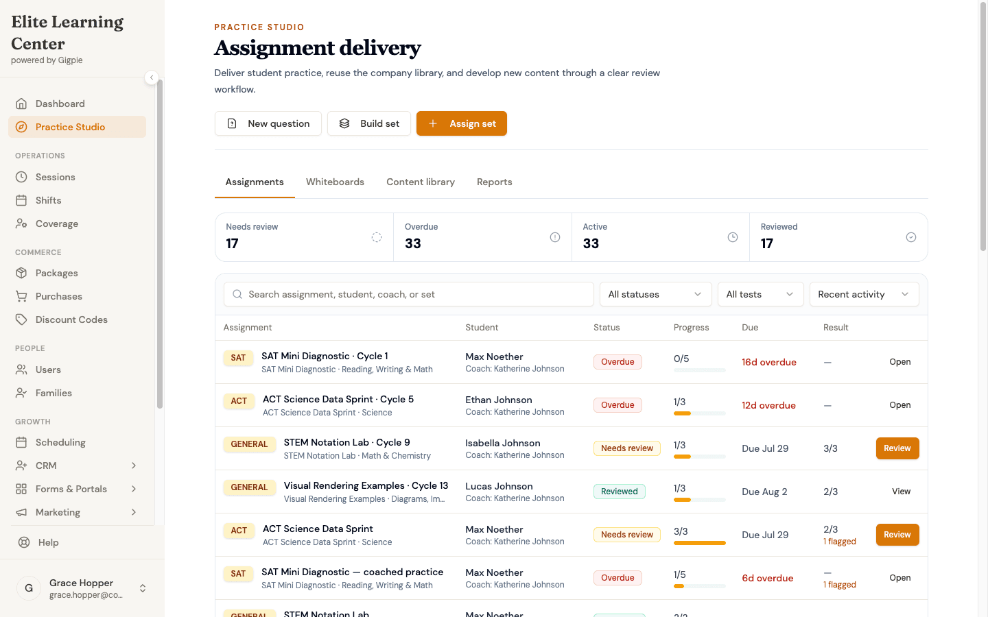 The Practice Studio assignment queue with review, overdue, and active counts