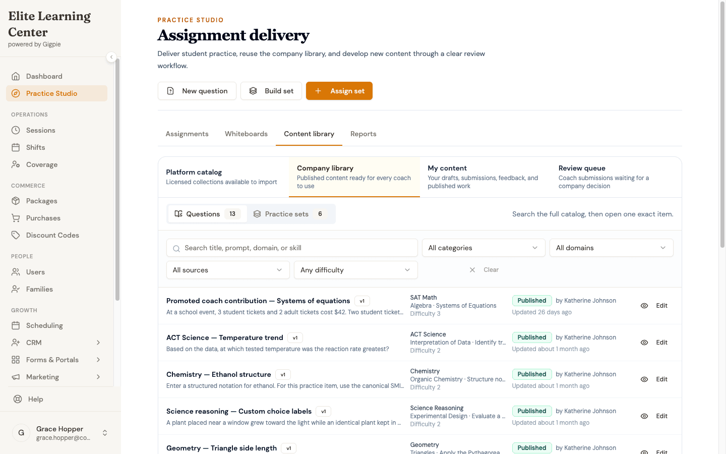 The Practice Studio content library listing published questions with search and filters
