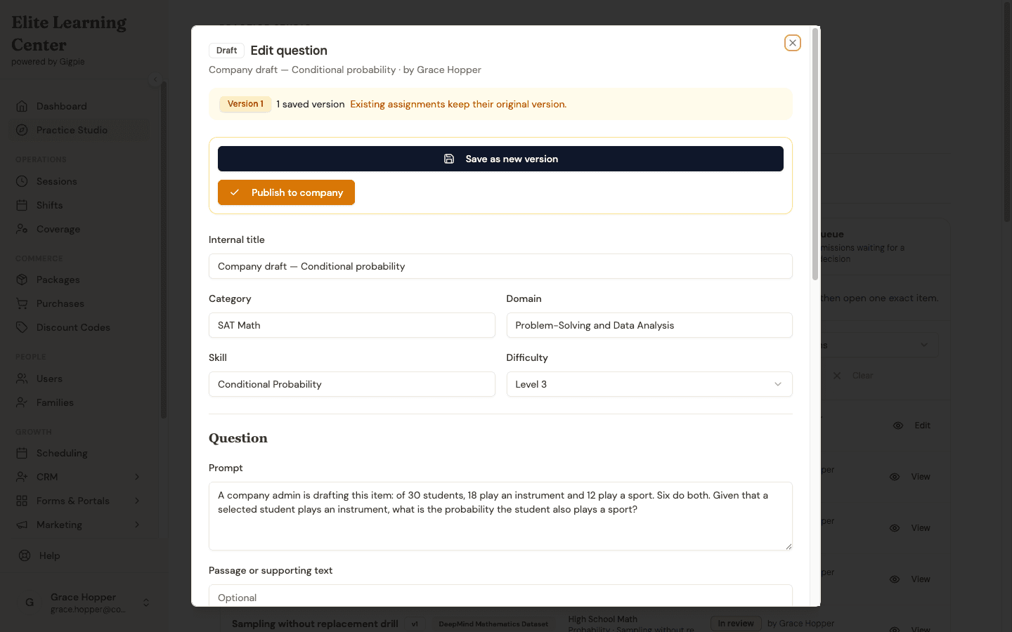 The question editor showing a draft with its version history and a Publish to company action