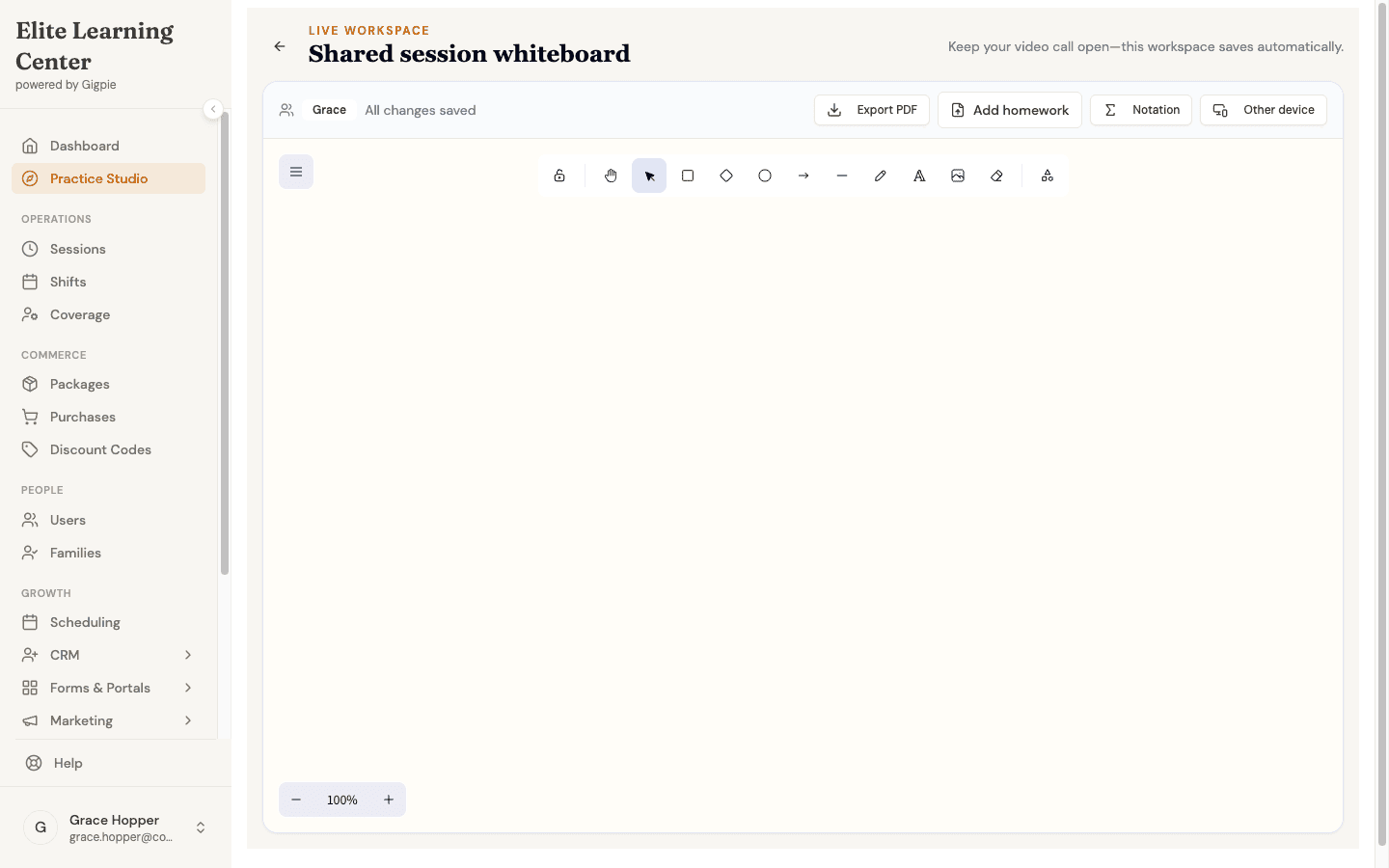The whiteboard workspace with drawing tools, notation, PDF export, and device pairing actions