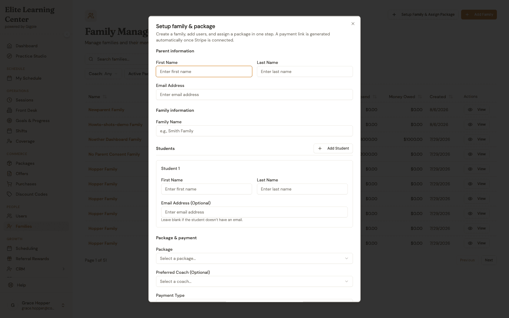 Setup family and package dialog with Parent information, Family information, and Students sections