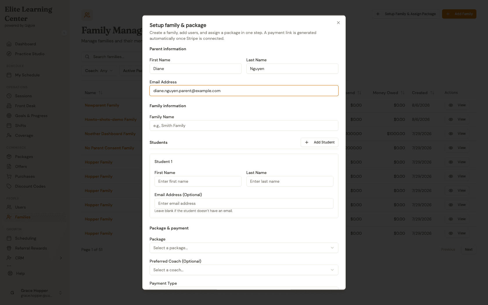 Parent information fields filled in with first name, last name, and email address