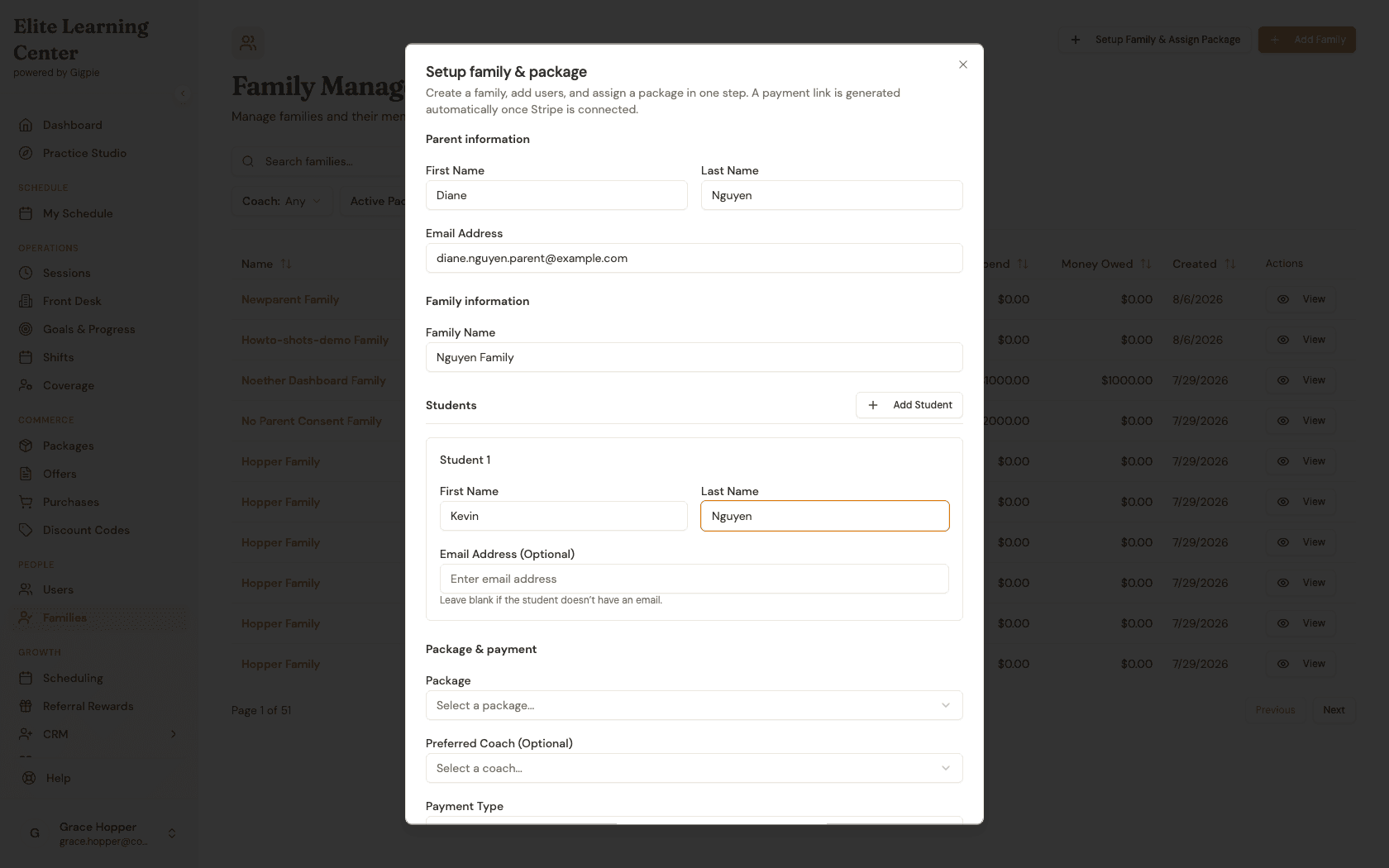 Family name field and Student 1 first name, last name, and optional email fields filled in