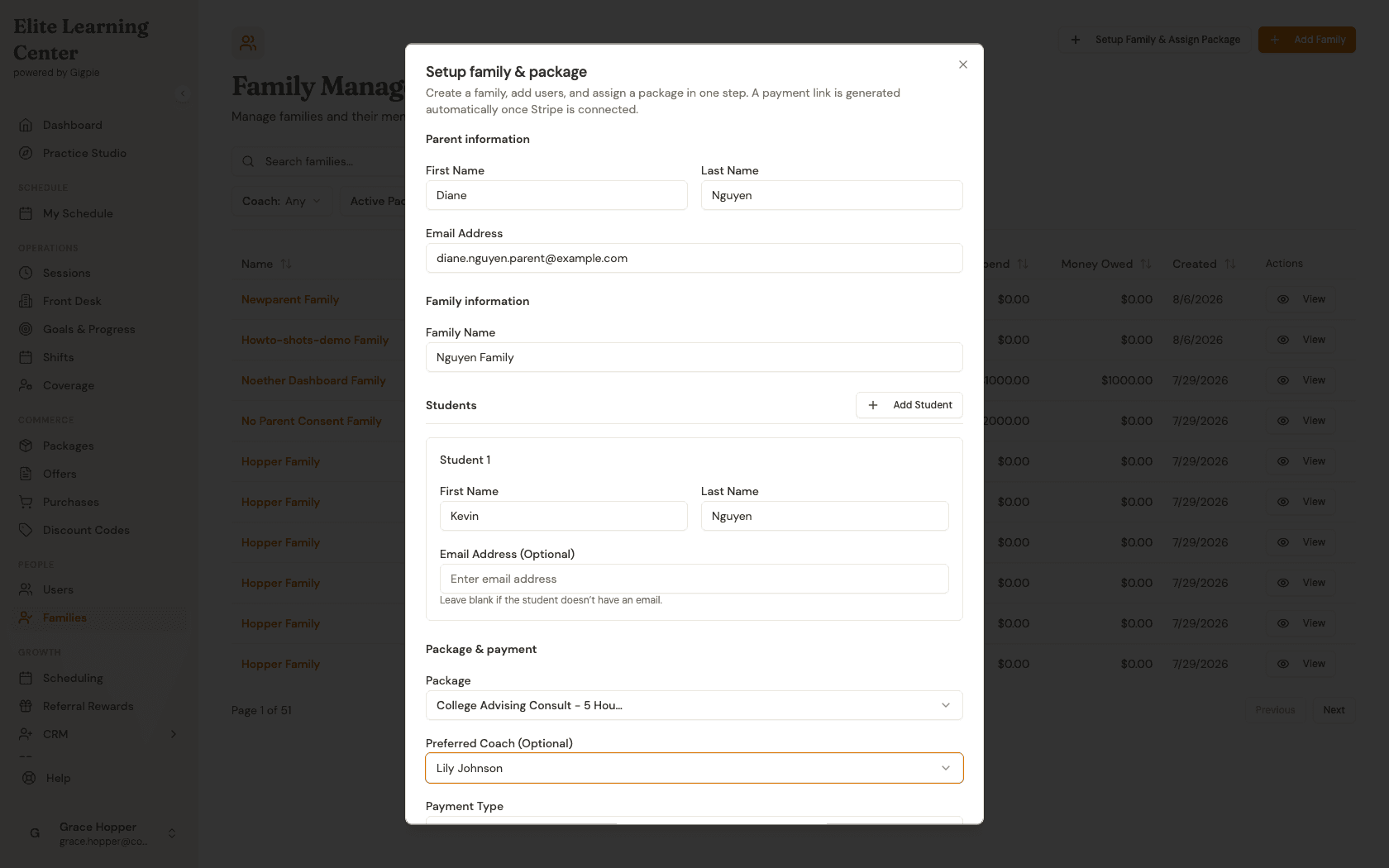 Package and Preferred Coach dropdowns with a package and coach selected