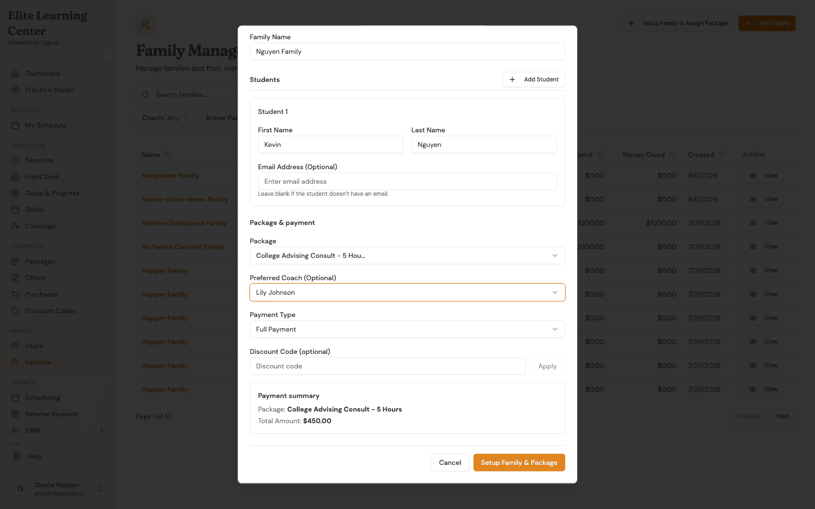 Payment summary showing the selected package and total amount, with the Setup Family & Package button