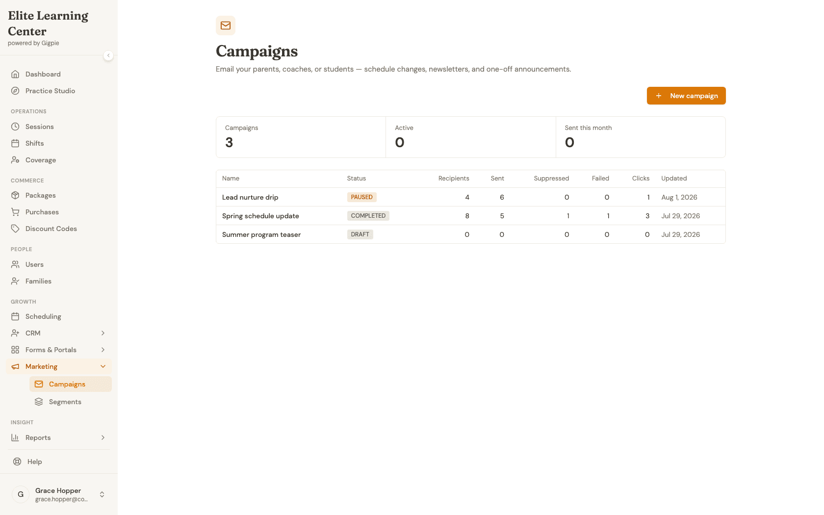 Campaigns list showing the Lead nurture drip journey campaign