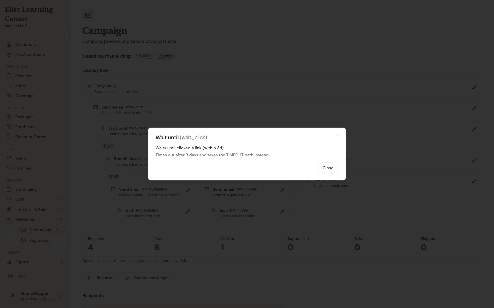Node inspector dialog for the Wait until node showing its click predicate and 3-day timeout