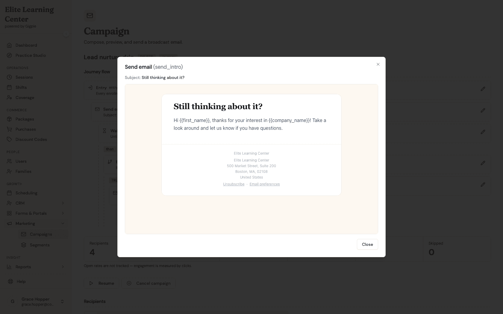 Node inspector dialog showing the rendered intro email with subject and body content