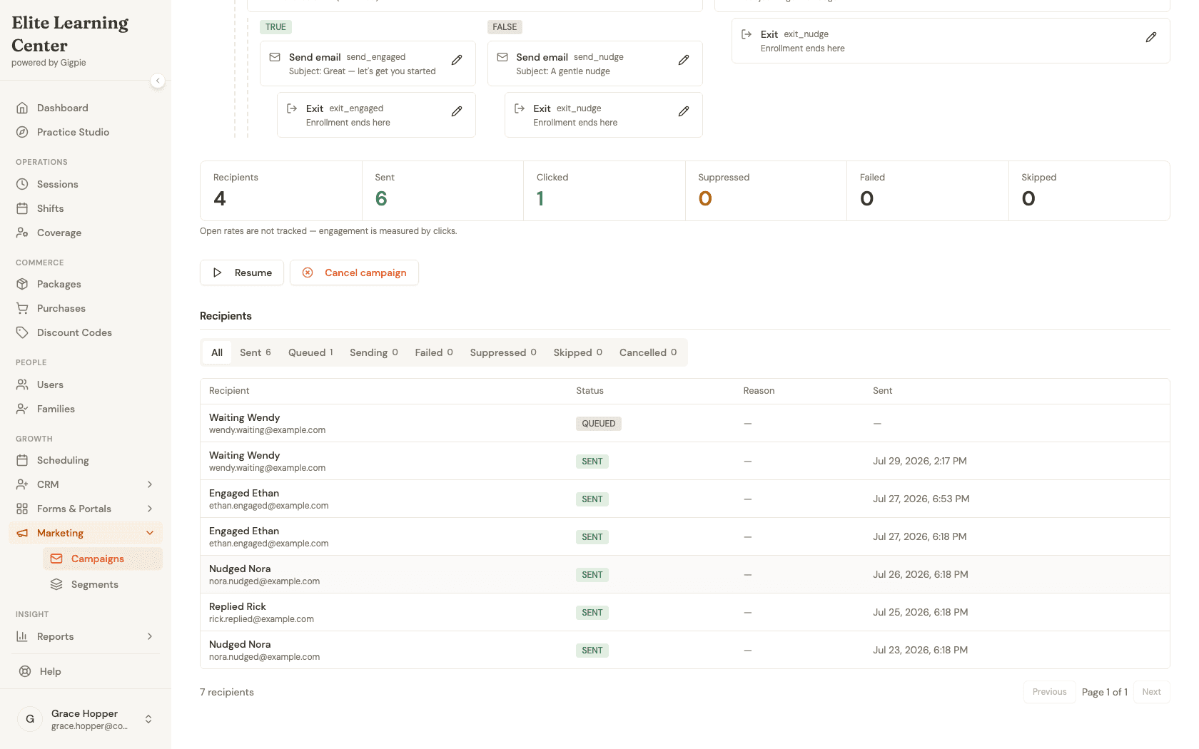 Delivery stats summary and recipients table listing each contact's send outcomes