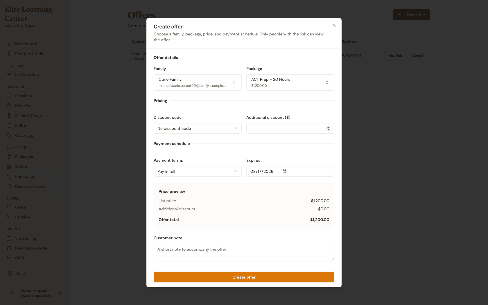 Create offer dialog with searchable family and package pickers, including the selected parent email and package list price