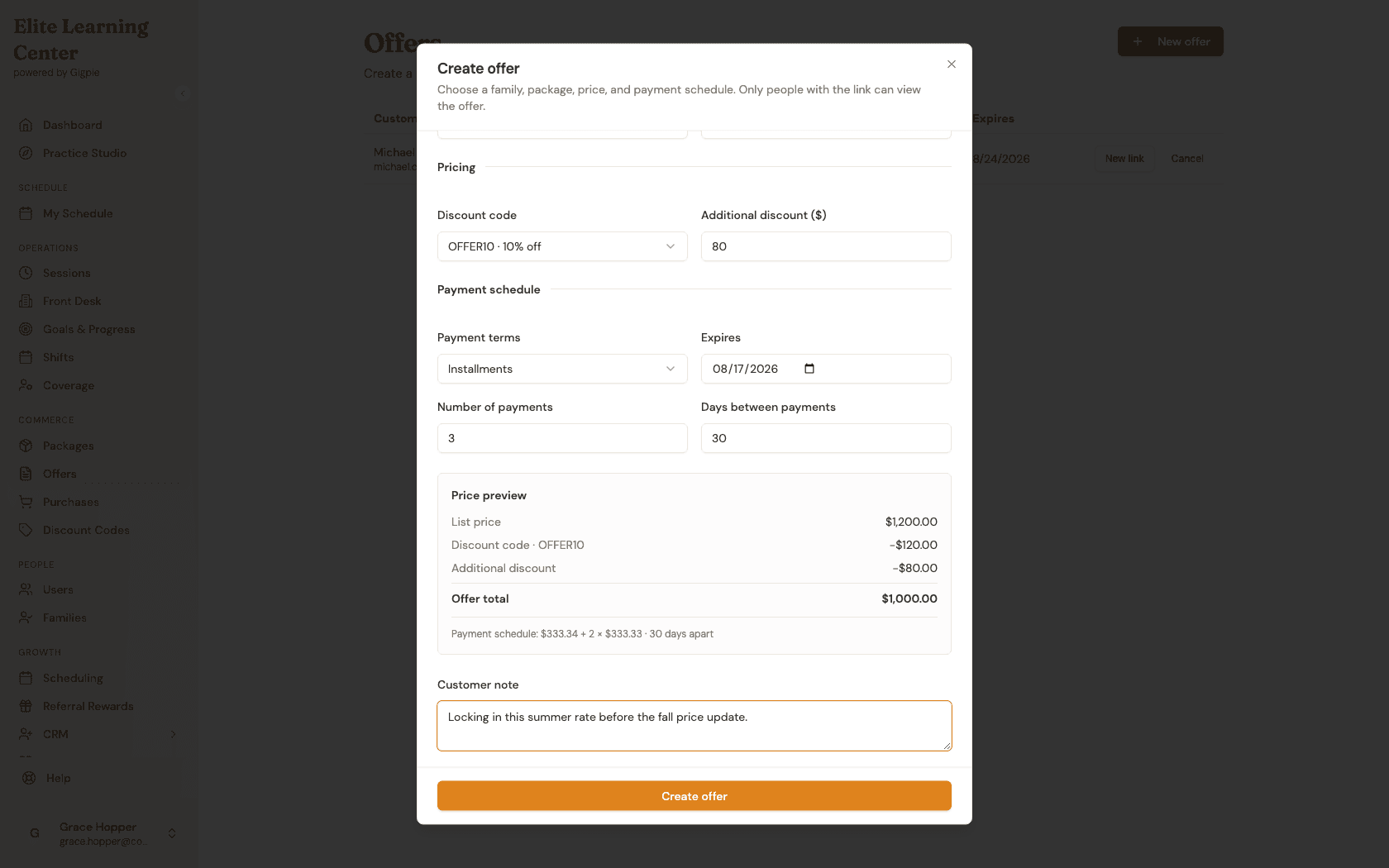 Offer dialog showing discount-code math, an additional discount, exact installment terms, a customer note, and the Create offer button