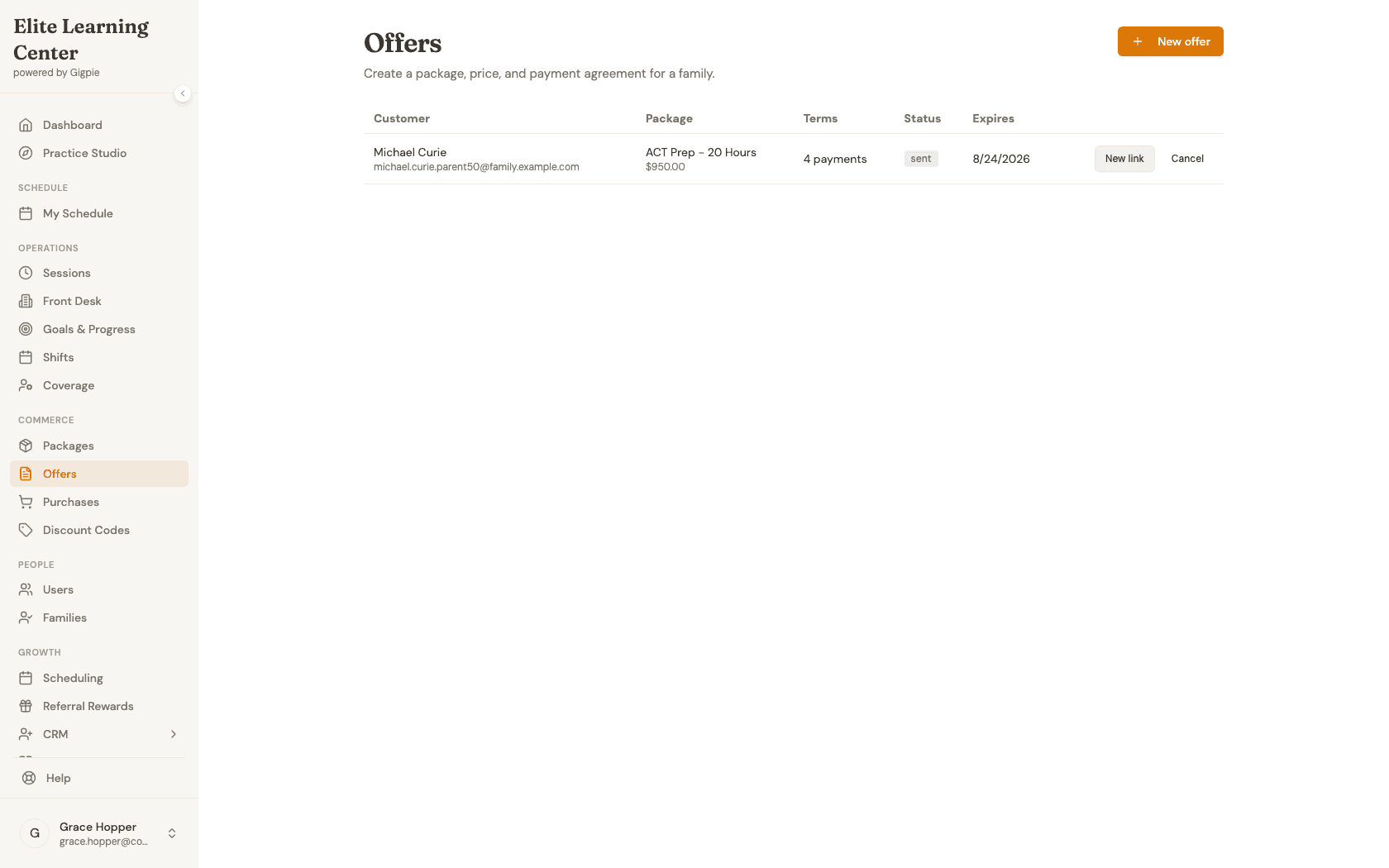 Offers list row with the New link button focused, the action used to reissue an offer link