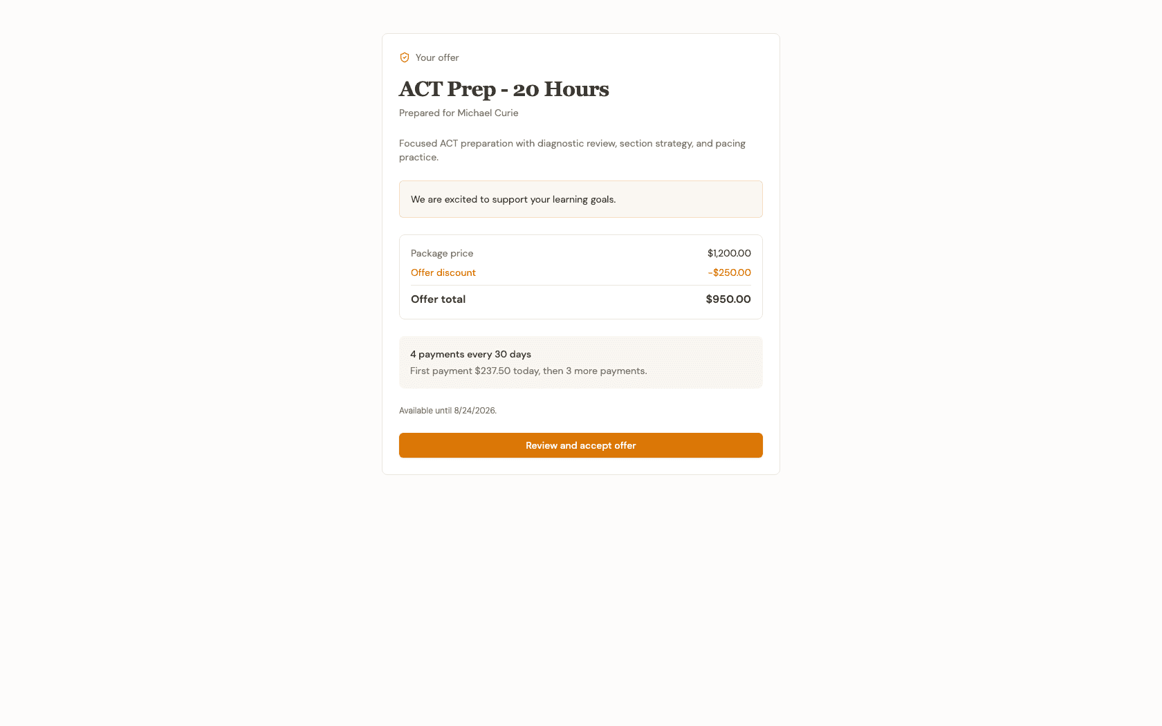 Public offer page showing the package name, price breakdown, installment schedule, and a Review and accept offer button