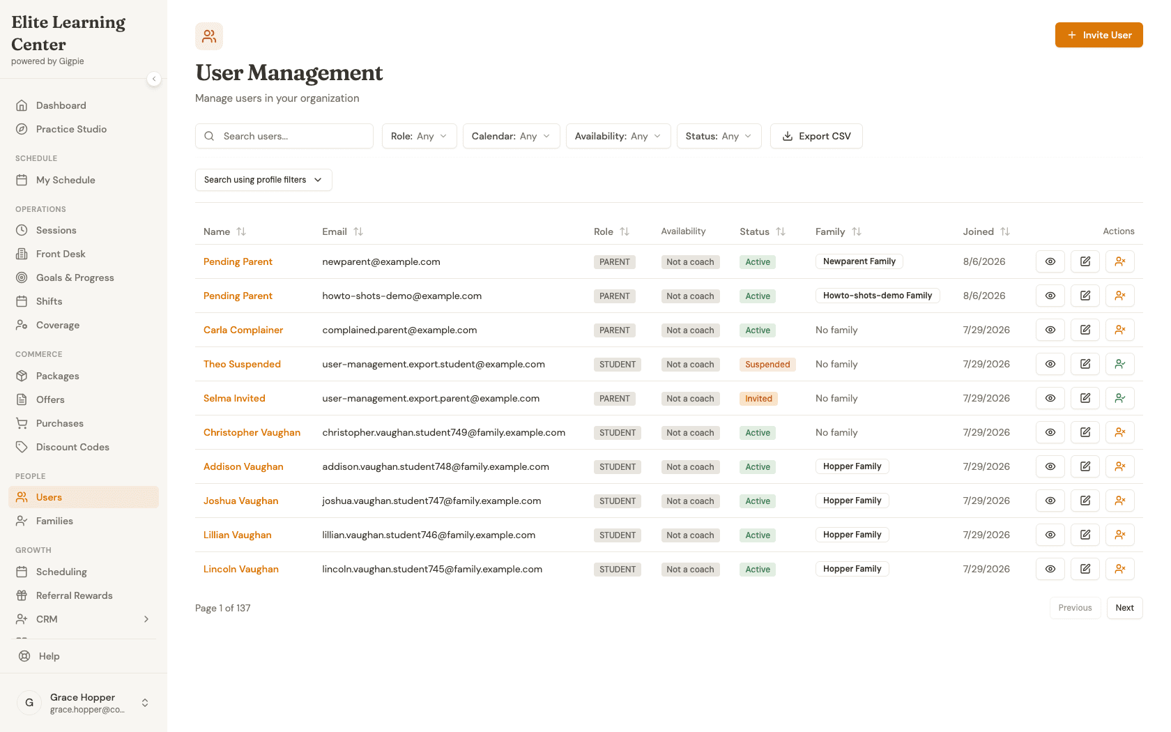 User Management page listing existing users with their role, availability, status, and family columns