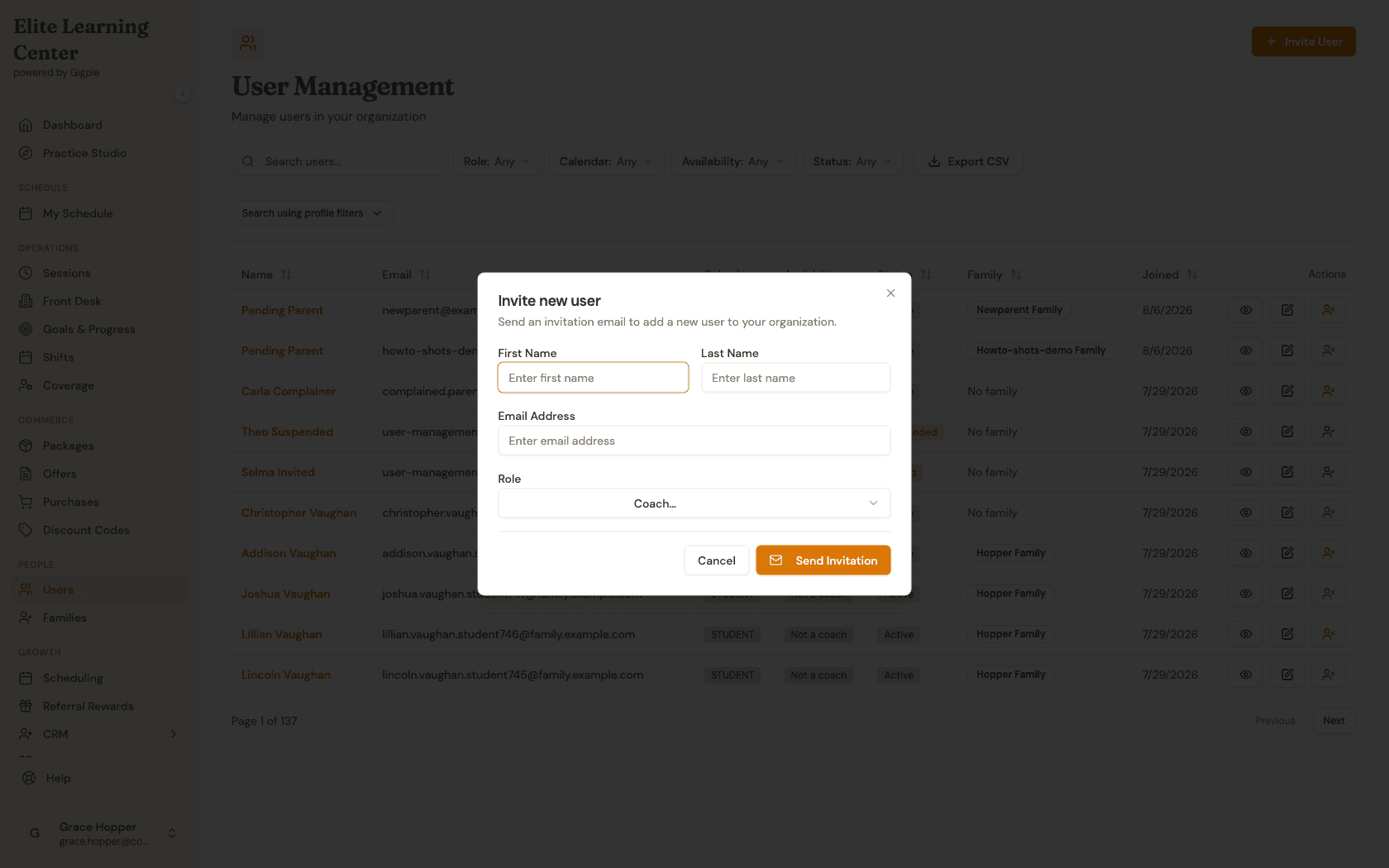 Invite new user dialog with First Name, Last Name, Email Address, and Role fields