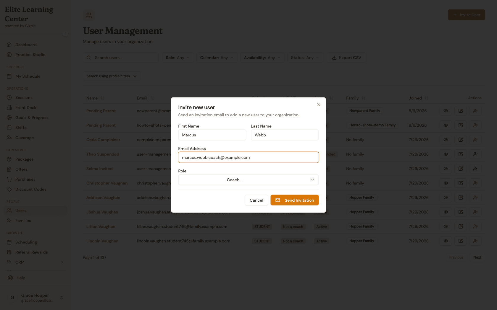 Invite dialog with first name, last name, and email address filled in