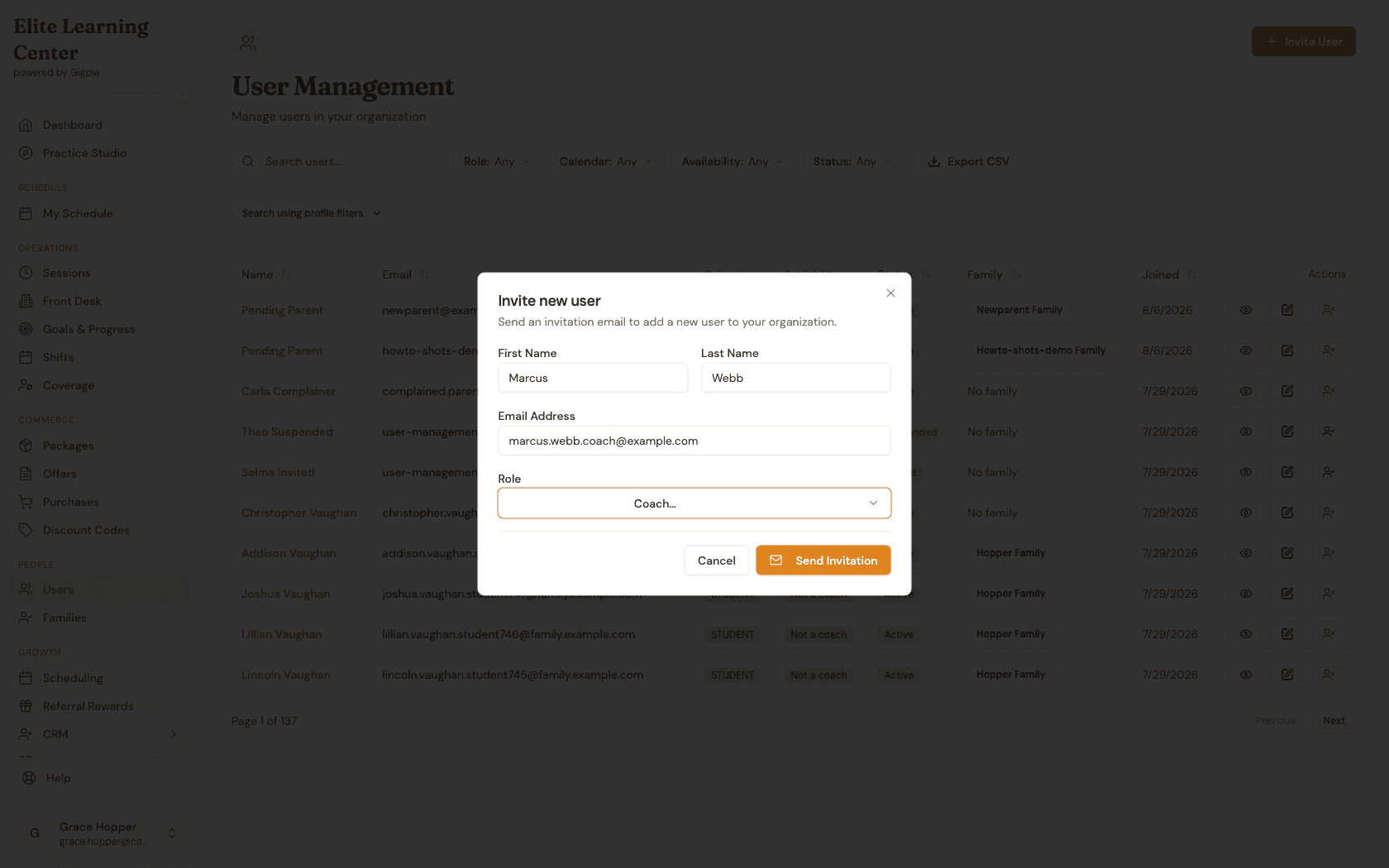 Completed invite form with Coach role selected and the Send Invitation button ready to submit