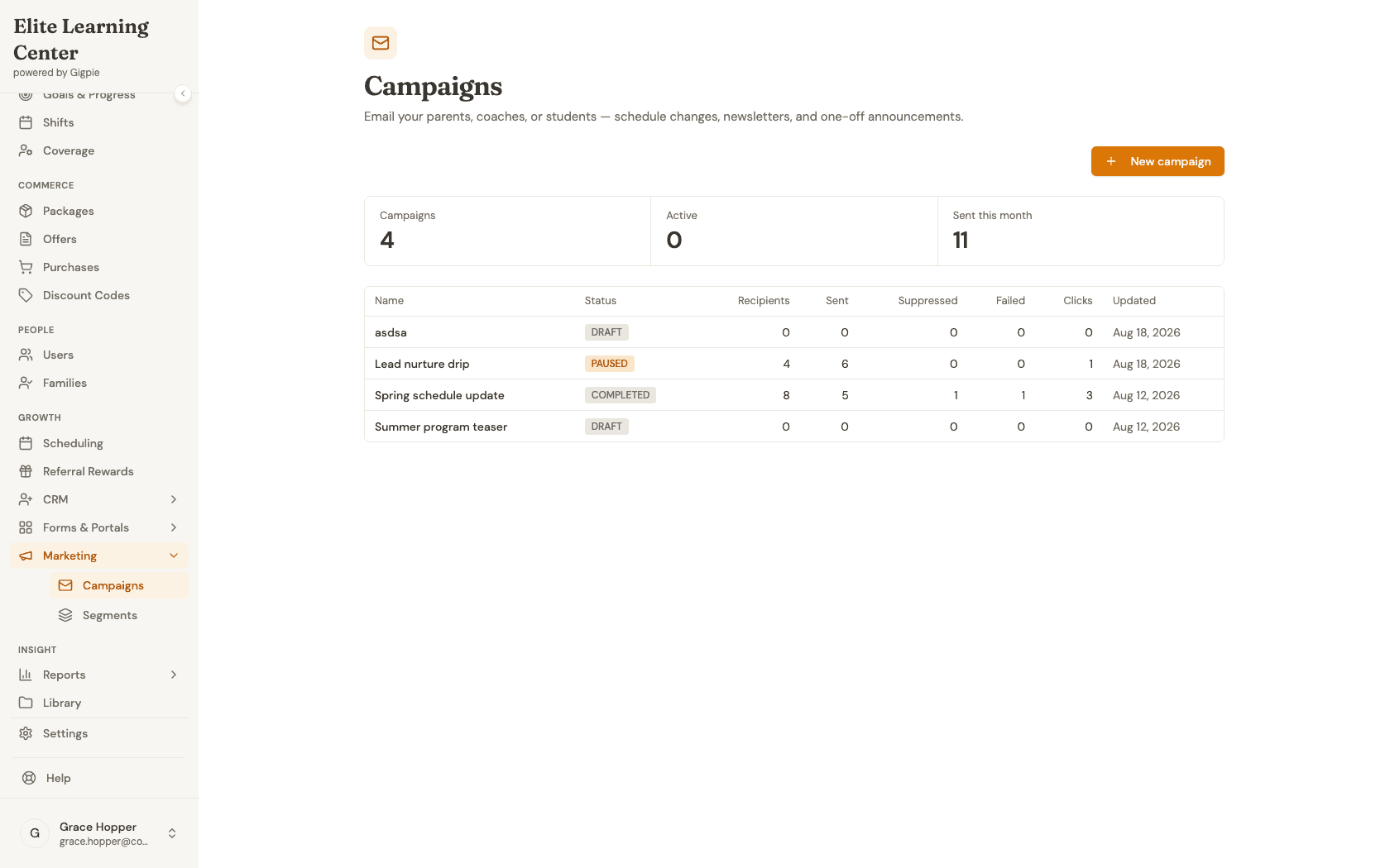 Campaigns list showing a PAUSED journey, a COMPLETED broadcast, and a DRAFT broadcast with recipient, sent, suppressed, failed, and click counts