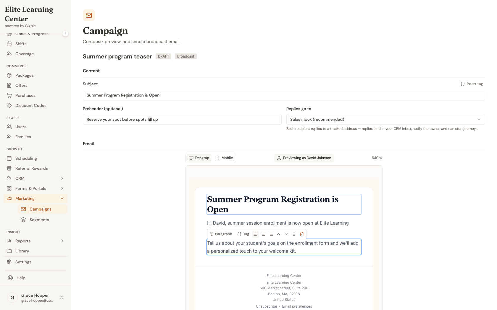 Campaign composer showing subject, preheader, and content blocks on the left, with a rendered Live Preview of the email on the right