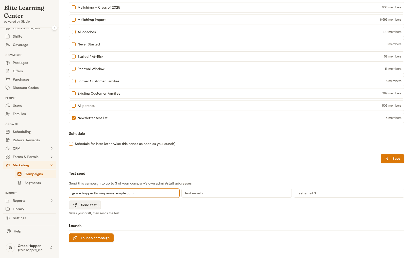 Test send section with an email address filled in and the Send test button ready to click